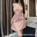Sexy Steel Bracer Push-up with Chest Pad Women's Sexy Pajamas Ice Silk Sling Nightdress Lace Hollow-out Beautiful Back Temptation Underwear